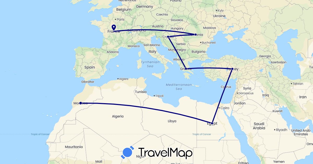 TravelMap itinerary: driving in Egypt, France, Greece, Croatia, Morocco, Romania, Turkey (Africa, Asia, Europe)